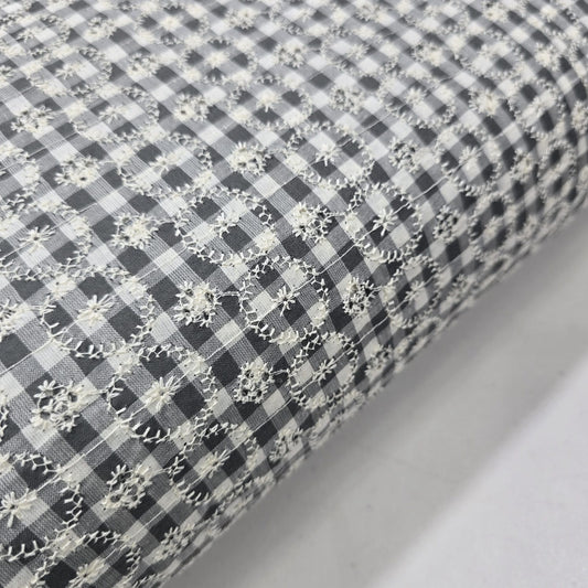 Grey Gingham Checked Embroidered Cotton Fabric 44" Wide | Floral Broderie Dressmaking, Craft & Home Décor Material by the Metre