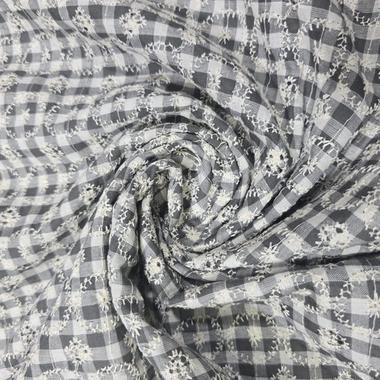 Grey Gingham Checked Embroidered Cotton Fabric 44" Wide | Floral Broderie Dressmaking, Craft & Home Décor Material by the Metre
