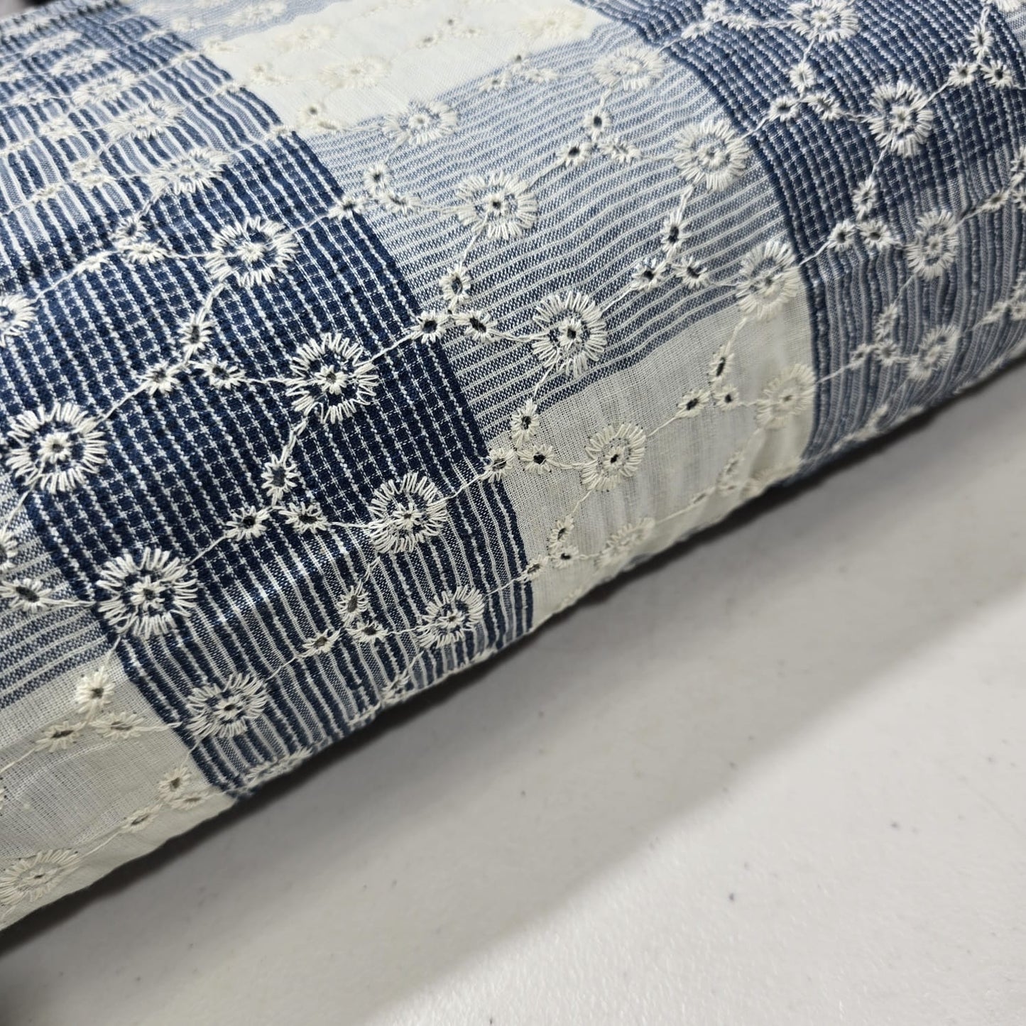 Blue Cream Checked Embroidered Cotton Fabric 44" Wide | Floral Broderie Dressmaking, Craft & Home Décor Material by the Metre
