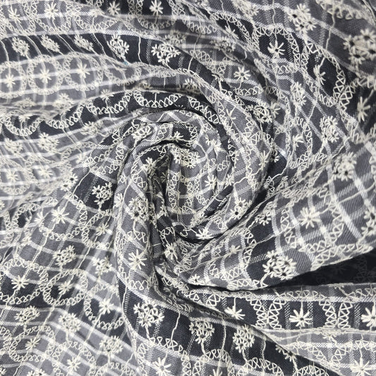 Grey Black Checked Embroidered Cotton Fabric 44" Wide | Floral Broderie Dressmaking, Craft & Home Décor Material by the Metre