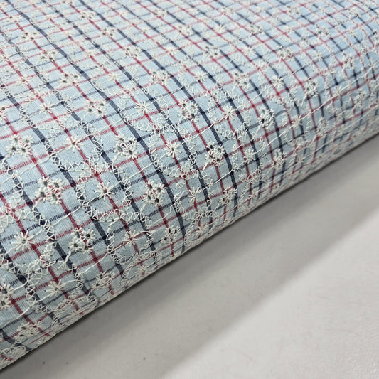 Sky Checked Embroidered Cotton Fabric 44" Wide | Floral Broderie Dressmaking, Craft & Home Décor Material by the Metre