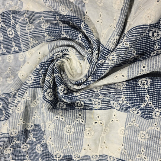 Blue Cream Checked Embroidered Cotton Fabric 44" Wide | Floral Broderie Dressmaking, Craft & Home Décor Material by the Metre