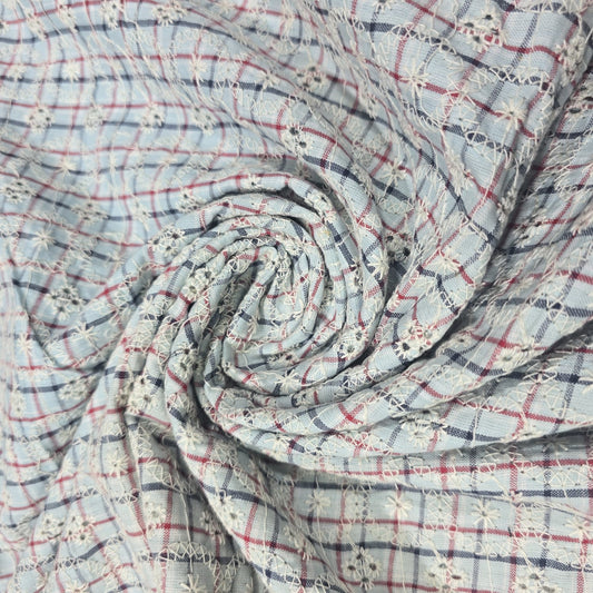 Sky Checked Embroidered Cotton Fabric 44" Wide | Floral Broderie Dressmaking, Craft & Home Décor Material by the Metre