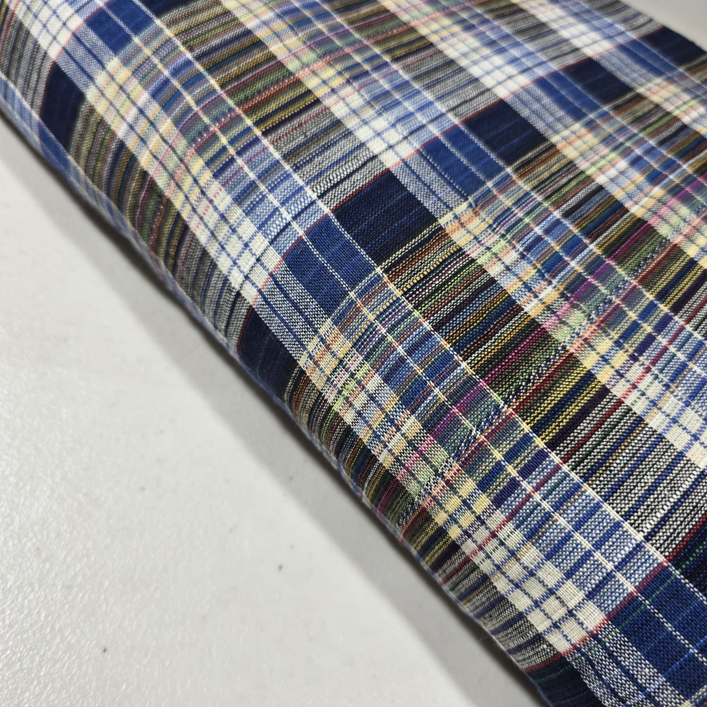 Navy Multi Madras Check Cotton Linen Fabric 44" Plaid Dress Craft By The Meter