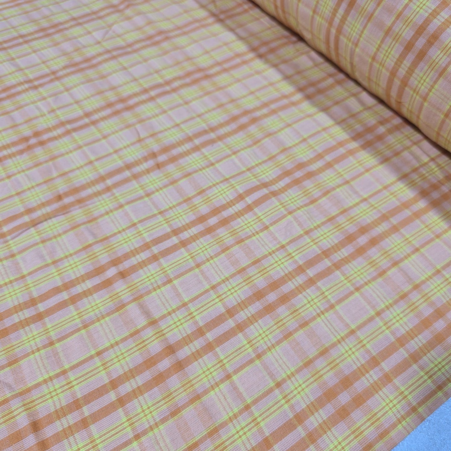 Peach Madras Check 100% Cotton Fabric Dress Craft Shirt Material 44" By The Meter