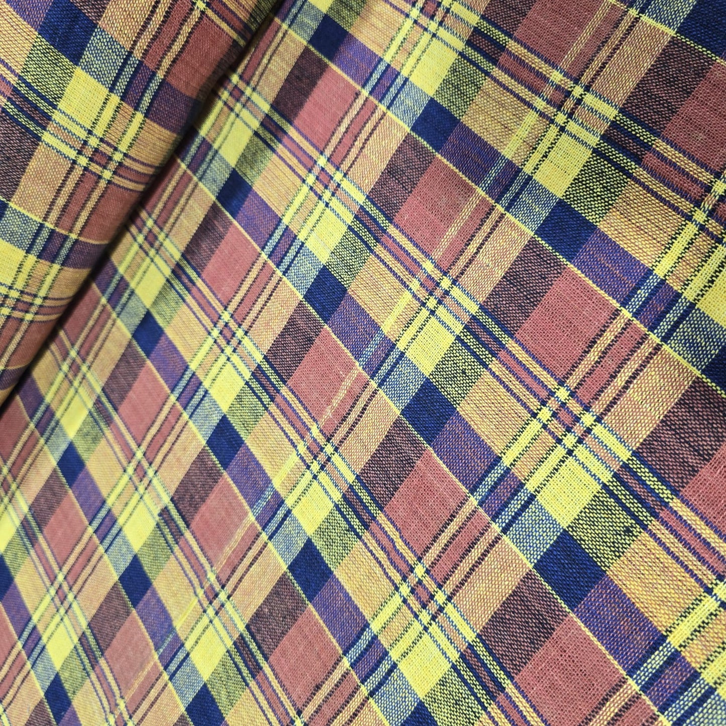 Mustard Brown Madras Check Cotton Linen Fabric 44" Plaid Dress Craft By The Meter