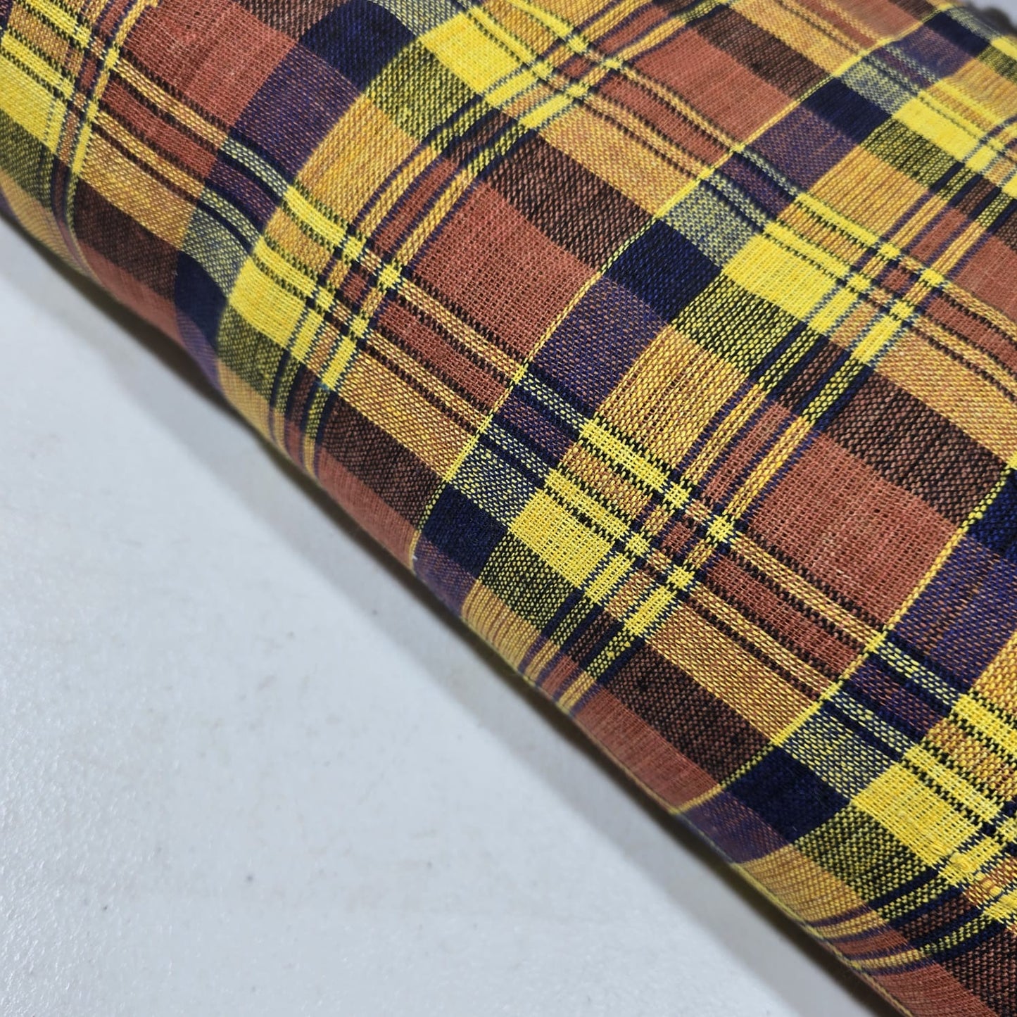 Mustard Brown Madras Check Cotton Linen Fabric 44" Plaid Dress Craft By The Meter