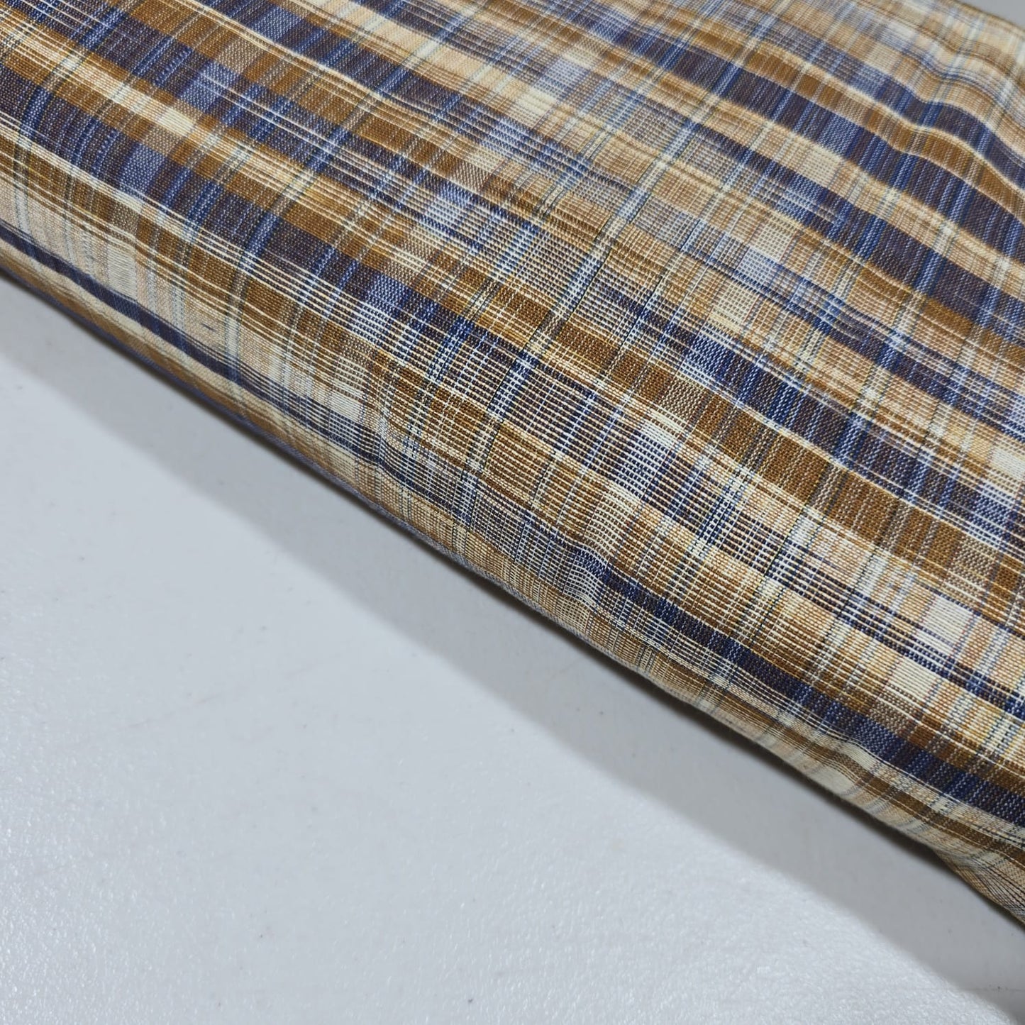 Camel Blue Yarn Dyed Striped Khadi Cotton Fabric 44" Woven Dress Craft Material By The Meter