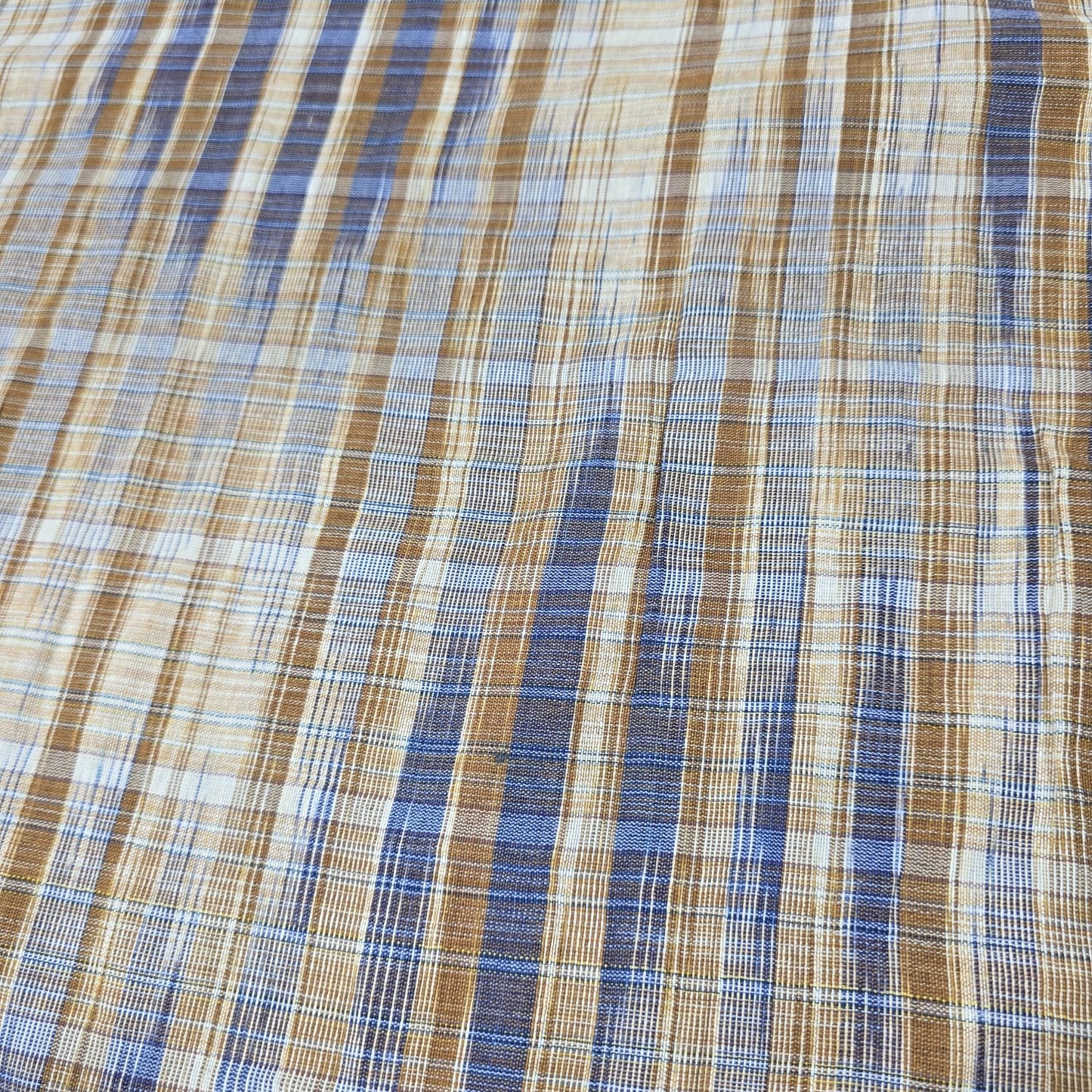 Camel Blue Yarn Dyed Striped Khadi Cotton Fabric 44" Woven Dress Craft Material By The Meter
