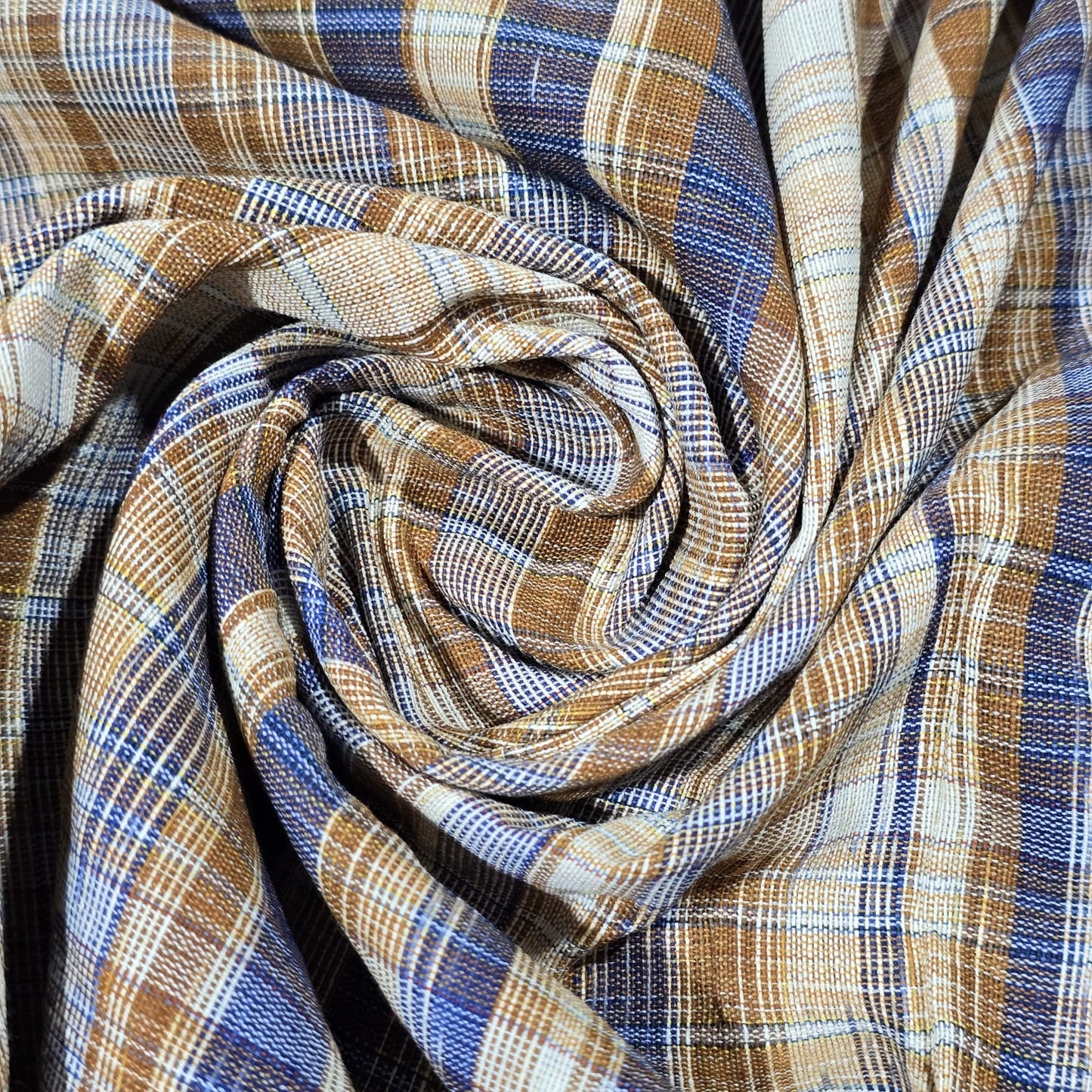 Camel Blue Yarn Dyed Striped Khadi Cotton Fabric 44" Woven Dress Craft Material By The Meter