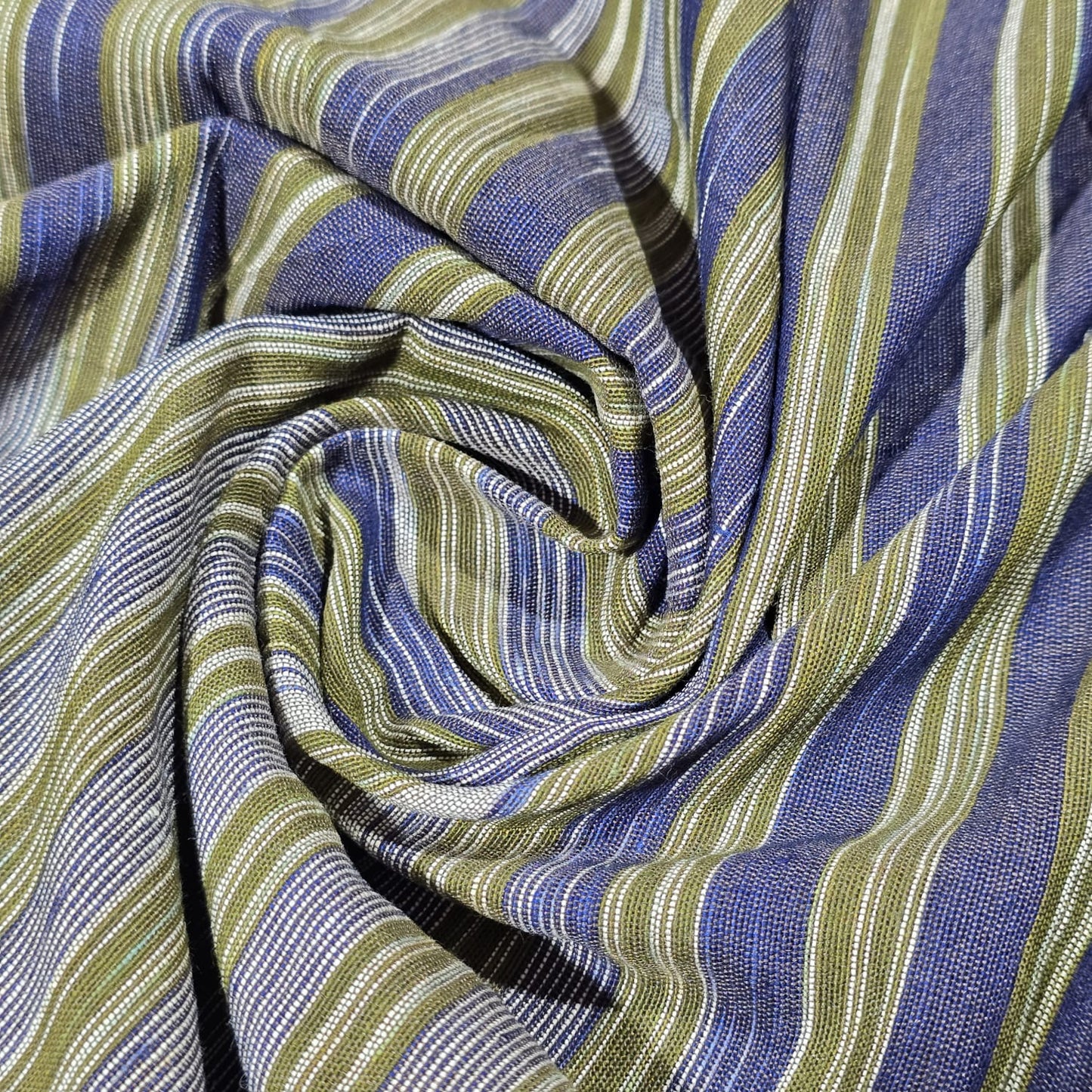 Olive Blue Yarn Dyed Striped Khadi Cotton Fabric 44" Woven Dress Craft Material By The Meter
