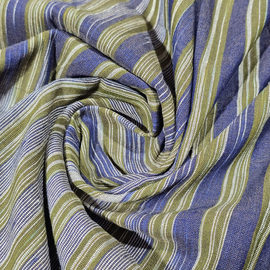 Olive Blue Yarn Dyed Striped Khadi Cotton Fabric 44" Woven Dress Craft Material By The Meter
