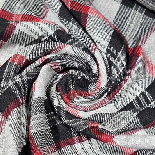 Grey Black Red Tartan Check Cotton Flannel Fabric Soft Brushed Plaid 58" By The Meter