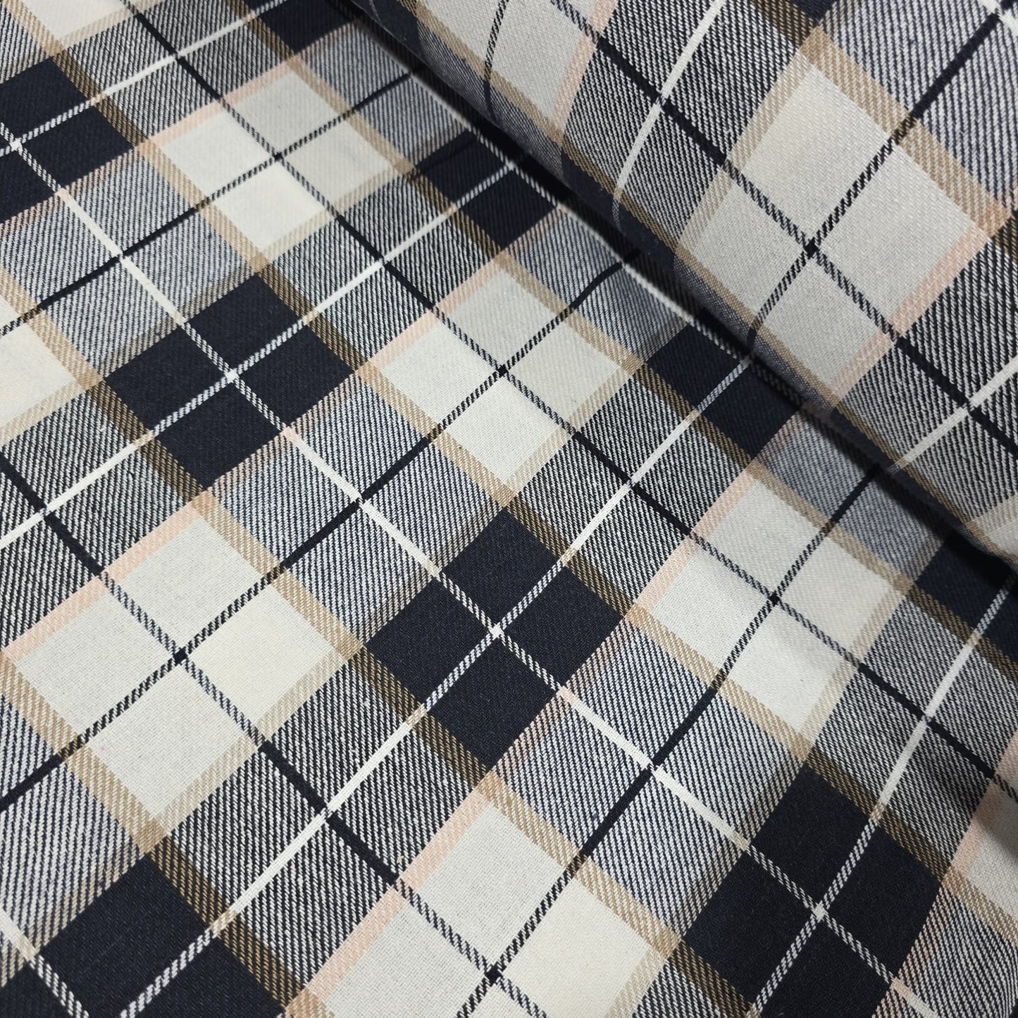 Navy Beige Cream Tartan Check Cotton Flannel Fabric Soft Brushed Plaid 58" By The Meter