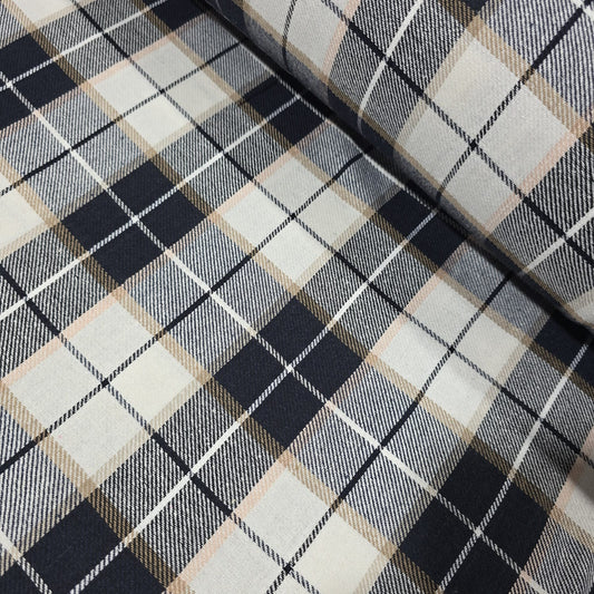 Navy Beige Cream Tartan Check Cotton Flannel Fabric Soft Brushed Plaid 58" By The Meter