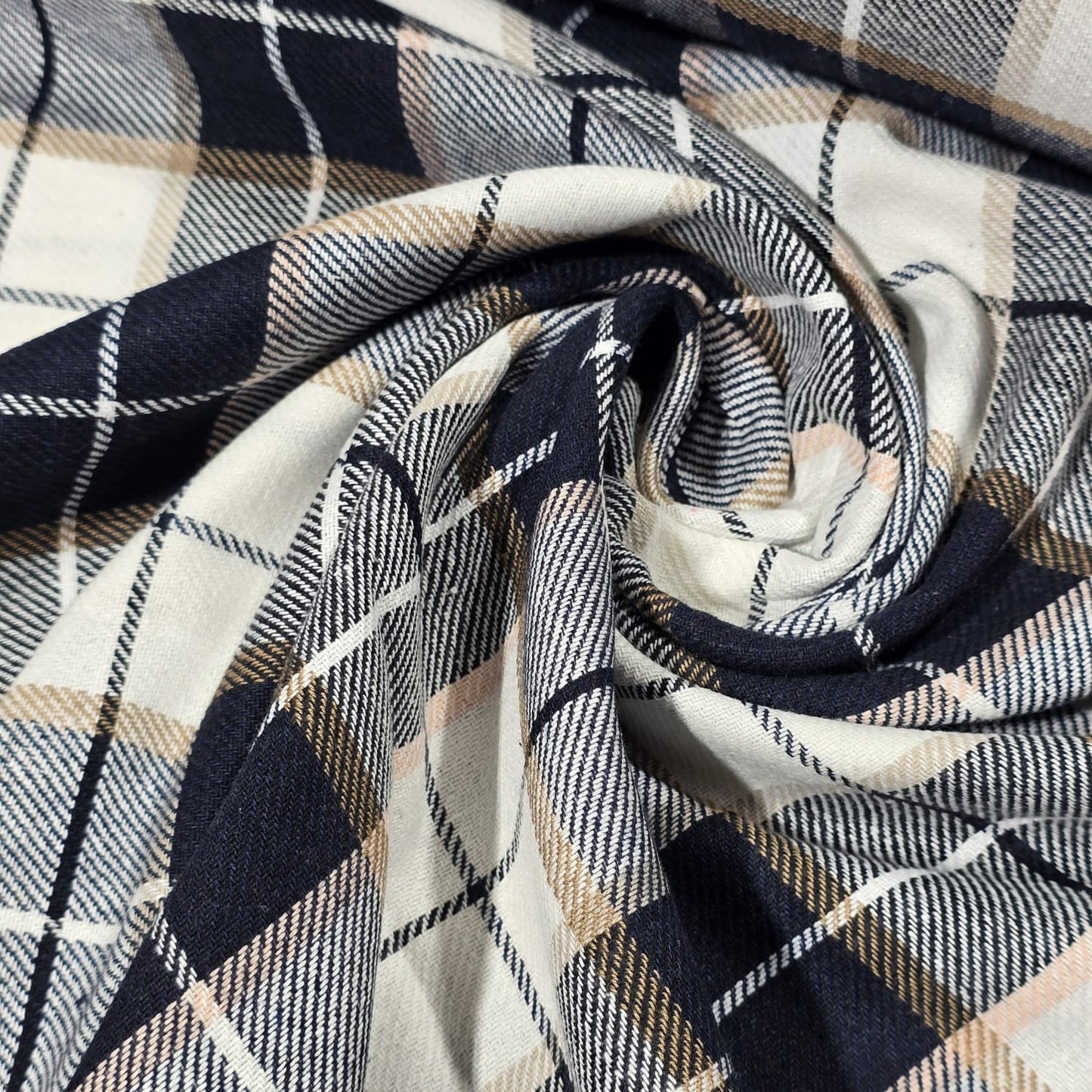Navy Beige Cream Tartan Check Cotton Flannel Fabric Soft Brushed Plaid 58" By The Meter