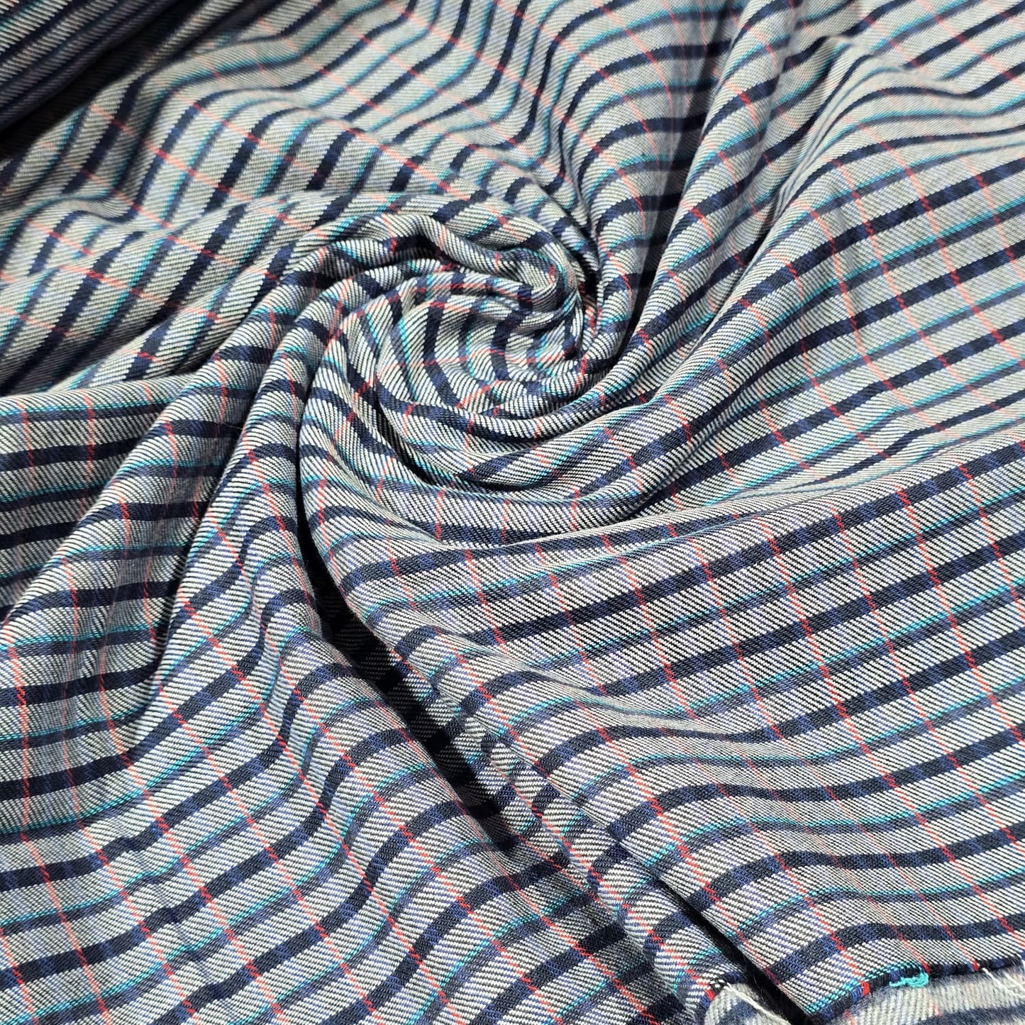 Grey Navy Stripe Cotton Flannel Fabric Fine Plaid Soft Brushed 58" By The Meter