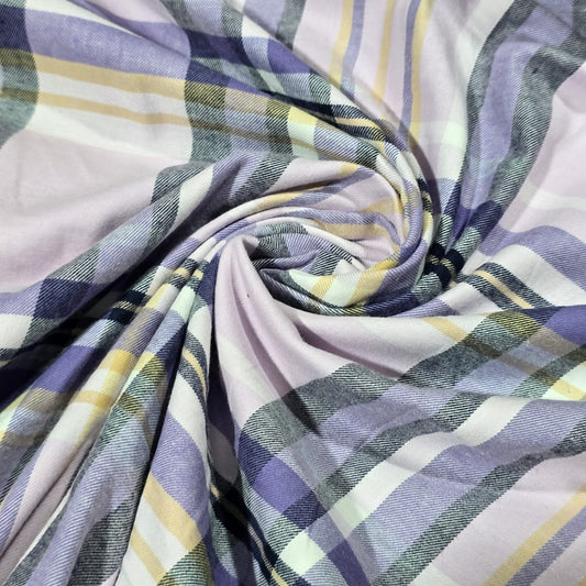 Lilac Grey Yellow Tartan Cotton Flannel Fabric Soft Brushed Check 58" By The Meter
