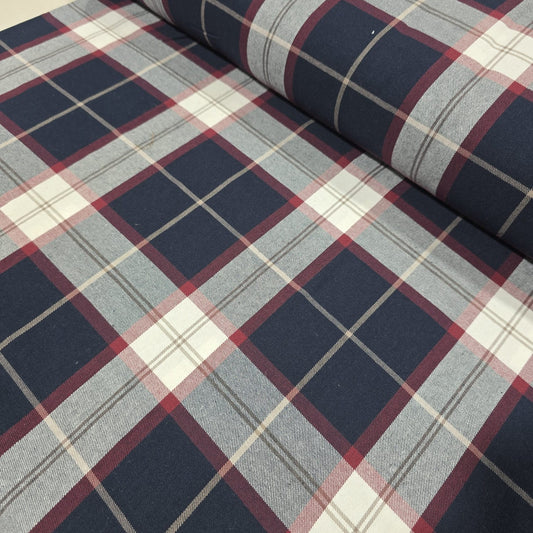 Navy Burgundy Grey Tartan Cotton Flannel Fabric Soft Brushed Check 58" By The Meter