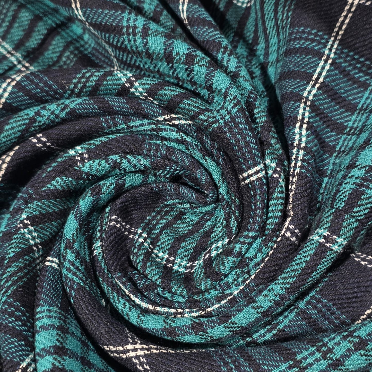 Teal Black White Tartan Brushed Cotton Fabric 42" Check Flannel By The Meter