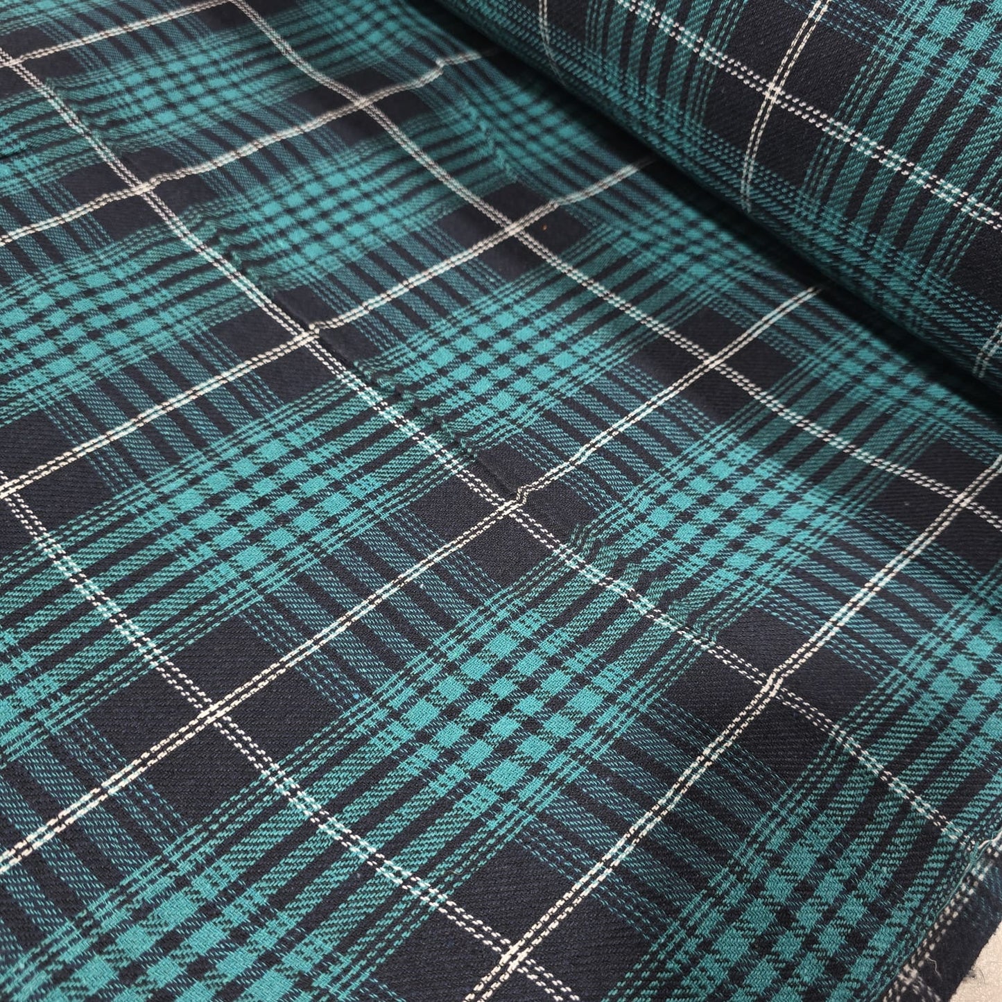 Teal Black White Tartan Brushed Cotton Fabric 42" Check Flannel By The Meter