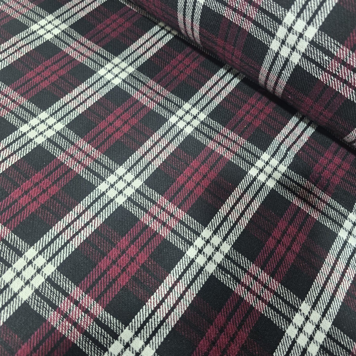 Burgundy Black White Tartan Brushed Cotton Fabric 42" Check Flannel By The Meter