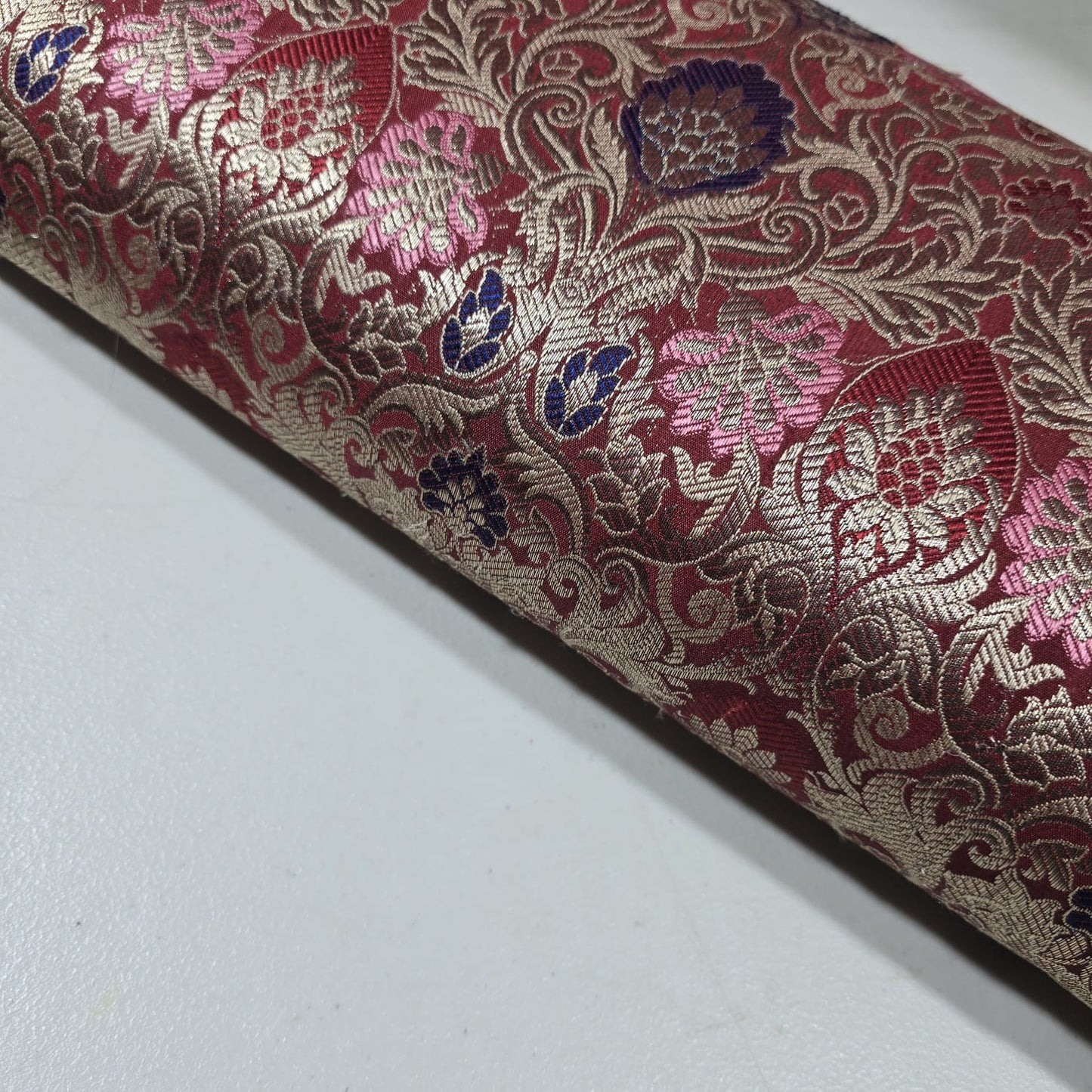Wine Indian Banarasi Brocade Fabric Gold Jacquard Pink Blue Dress Material 44" By Meter