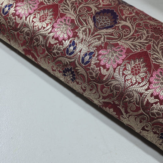 Wine Indian Banarasi Brocade Fabric Gold Jacquard Pink Blue Dress Material 44" By Meter