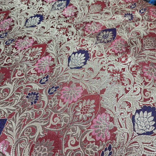 Wine Indian Banarasi Brocade Fabric Gold Jacquard Pink Blue Dress Material 44" By Meter