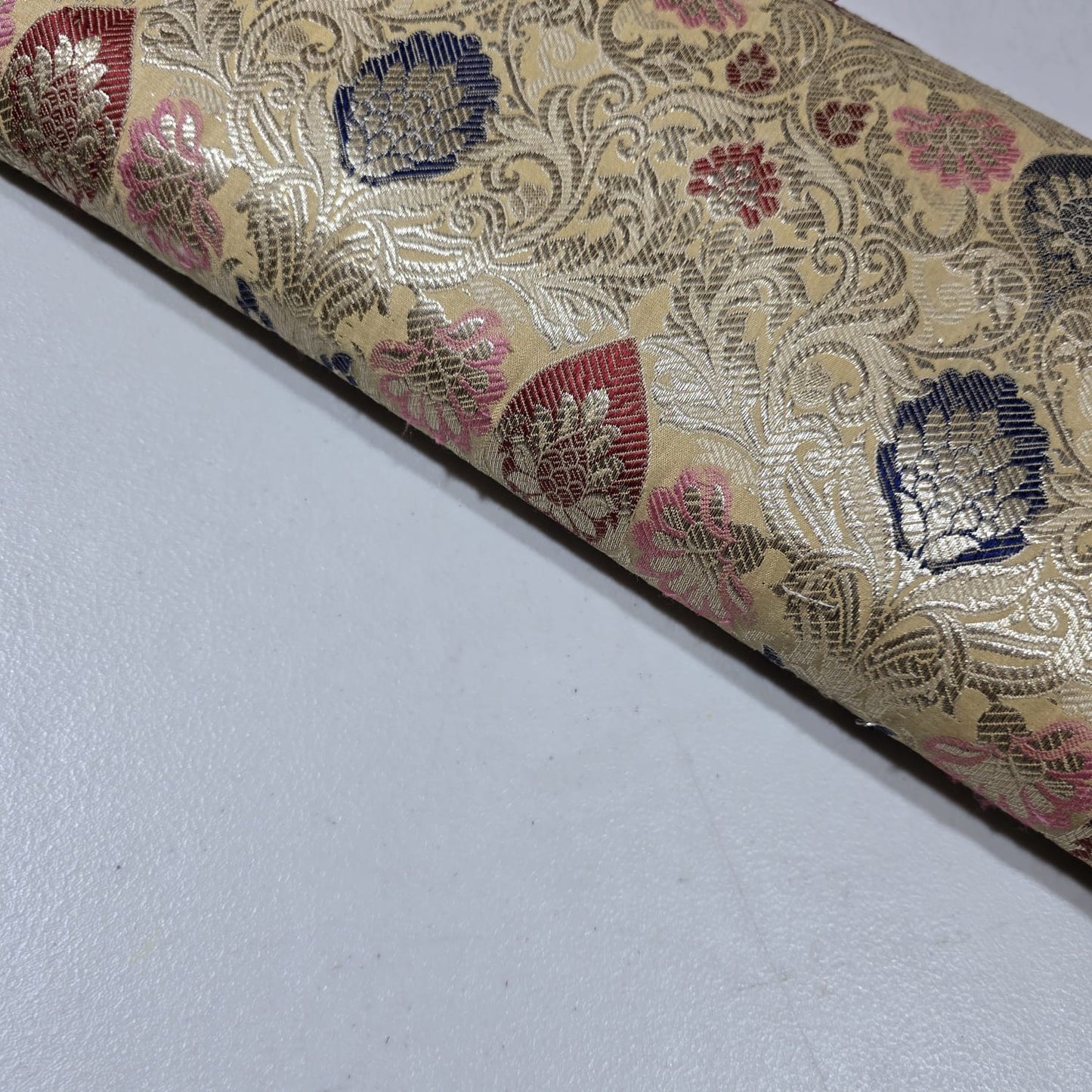 Cream Indian Banarasi Brocade Fabric Silver Jacquard Pink Blue Dress Material 44" By Meter