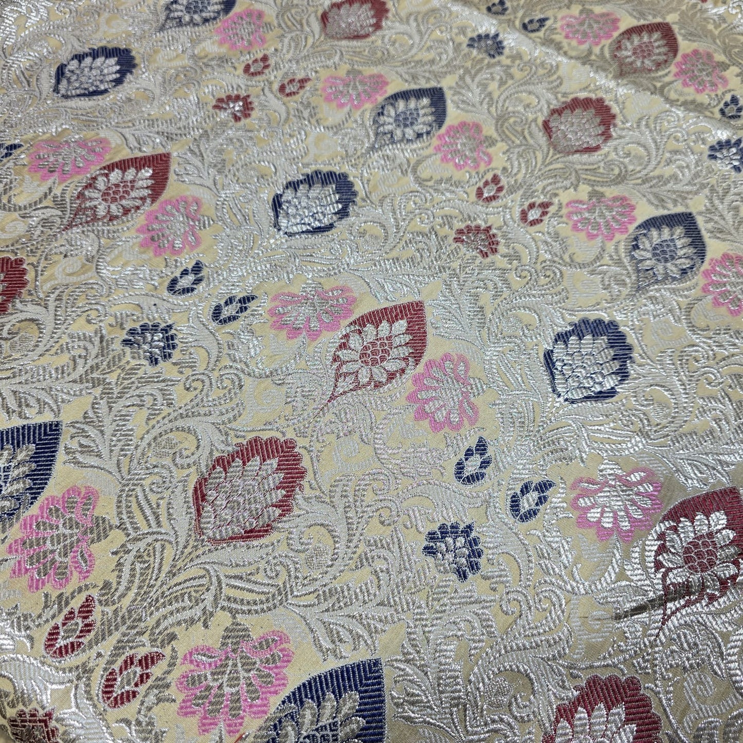 Cream Indian Banarasi Brocade Fabric Silver Jacquard Pink Blue Dress Material 44" By Meter