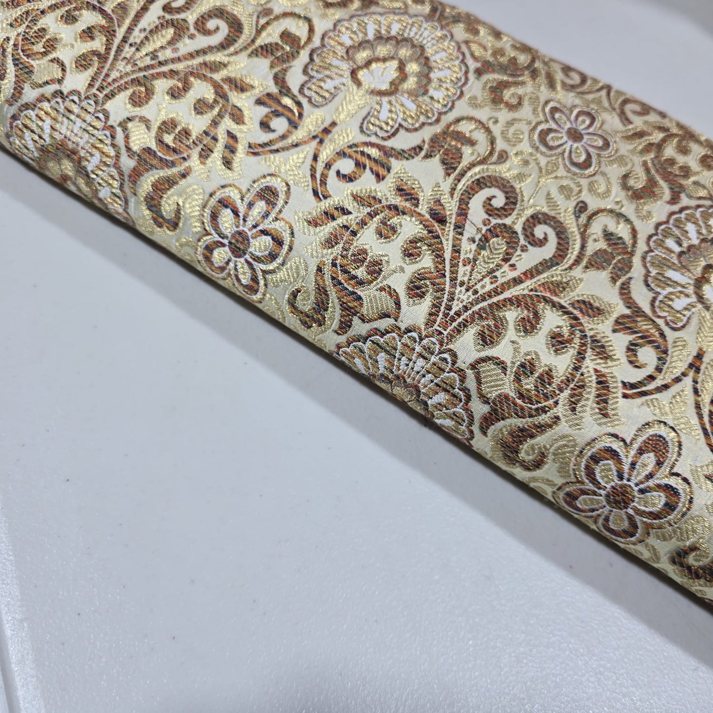 Cream Multicolour Indian Banarasi Brocade Fabric Gold Jacquard Dress Craft Material 44" By Meter