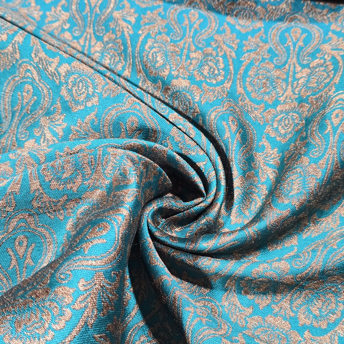 Turquoise Indian Banarasi Brocade Fabric Gold Paisley Jacquard Dress Material 44" By Meter
