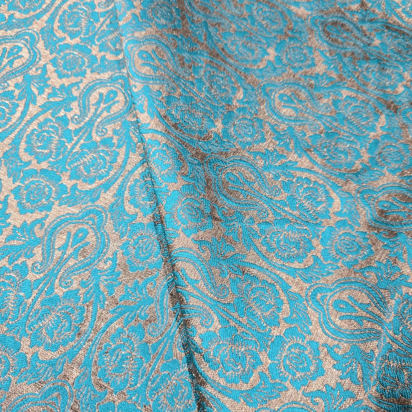 Turquoise Indian Banarasi Brocade Fabric Gold Paisley Jacquard Dress Material 44" By Meter