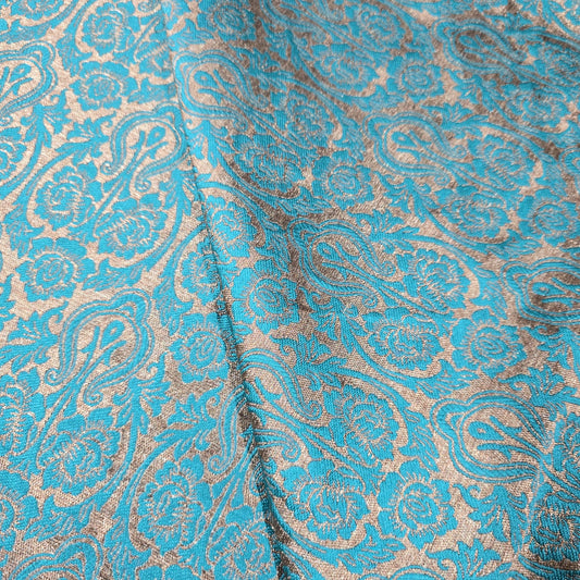 Turquoise Indian Banarasi Brocade Fabric Gold Paisley Jacquard Dress Material 44" By Meter