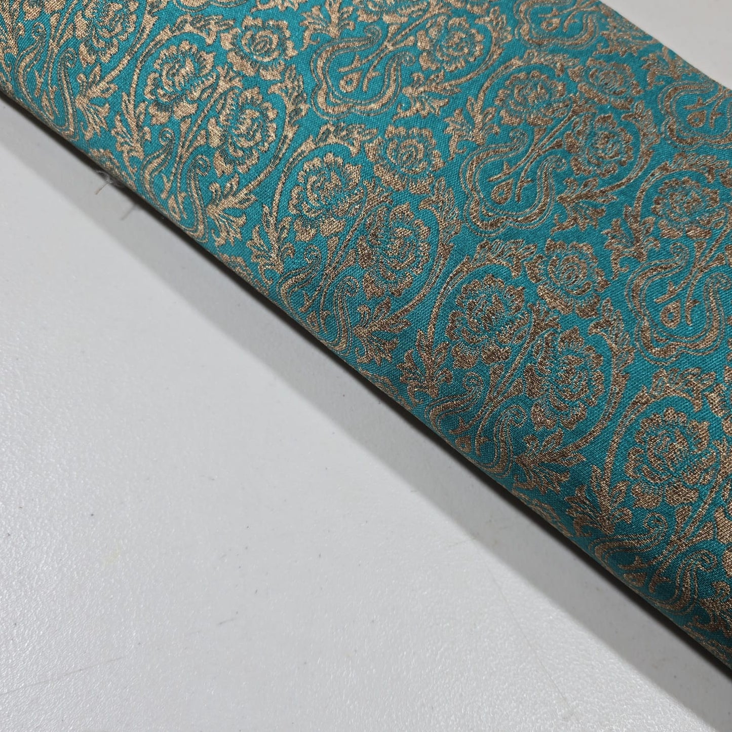 Turquoise Indian Banarasi Brocade Fabric Gold Paisley Jacquard Dress Material 44" By Meter