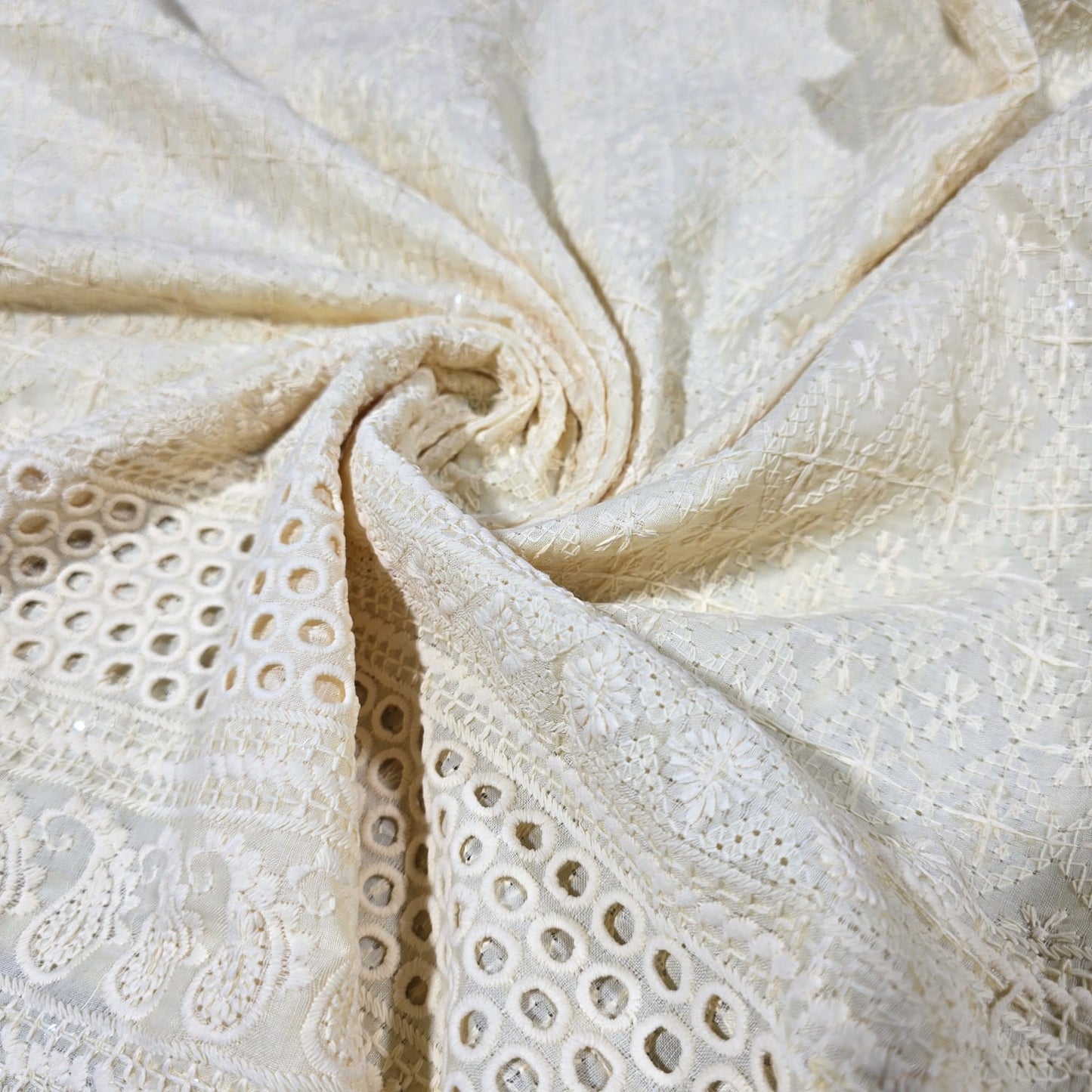 Cream Cotton Broderie Anglaise Fabric with Sequin Embroidery 44" Wide | Dress Fabric by the Meter