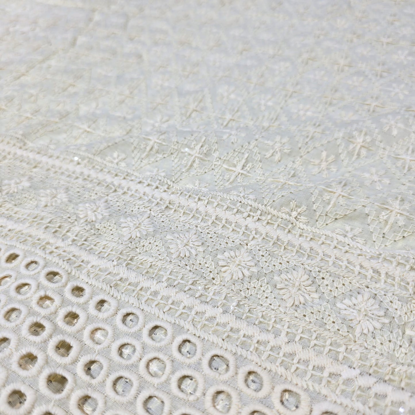 Cream Cotton Broderie Anglaise Fabric with Sequin Embroidery 44" Wide | Dress Fabric by the Meter