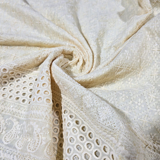 Cream Cotton Broderie Anglaise Fabric with Sequin Embroidery 44" Wide | Dress Fabric by the Meter