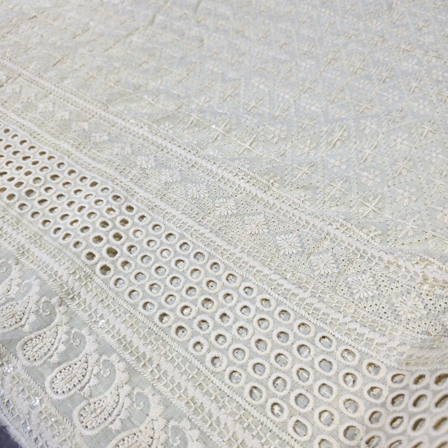 Cream Cotton Broderie Anglaise Fabric with Sequin Embroidery 44" Wide | Dress Fabric by the Meter