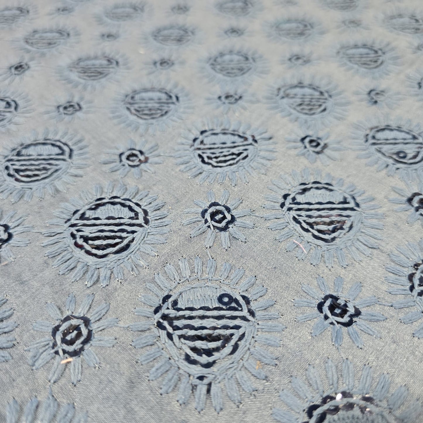 Grey Cotton Broderie Anglaise Fabric with Sequin Embroidery 44" Wide | Dress Fabric by the Meter
