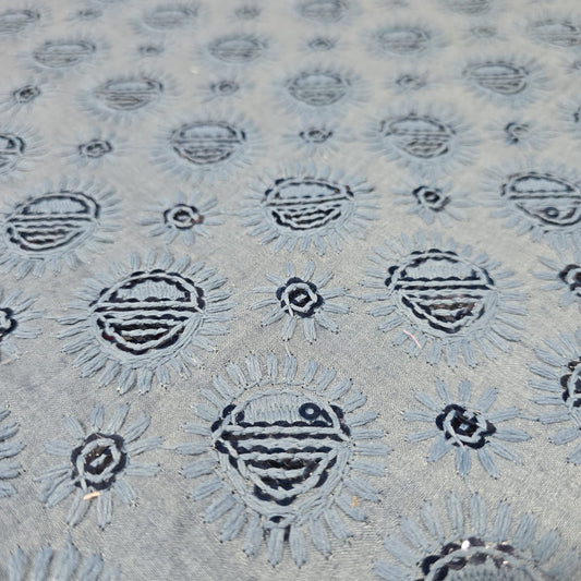 Grey Cotton Broderie Anglaise Fabric with Sequin Embroidery 44" Wide | Dress Fabric by the Meter