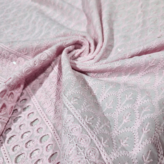 Pink Cotton Broderie Anglaise Fabric with Sequin Embroidery 44" Wide | Dress Fabric by the Meter