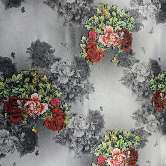 Silver Blossom Noir Soft Floral Print Satin Dress Craft Fabric By The Meter 58"