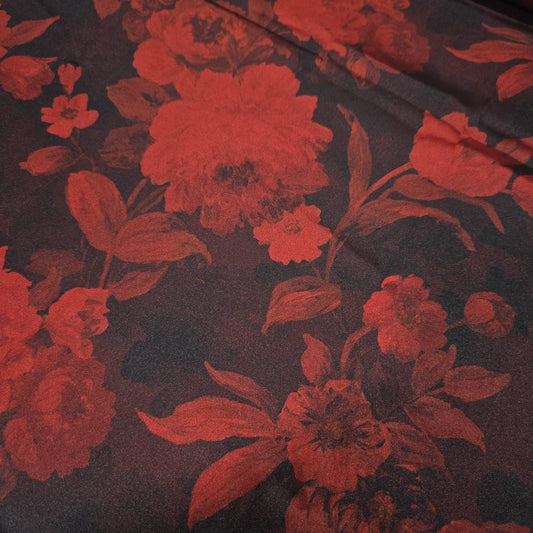 Black Red Roses Soft Floral Print Satin Dress Craft Fabric By The Meter 58"