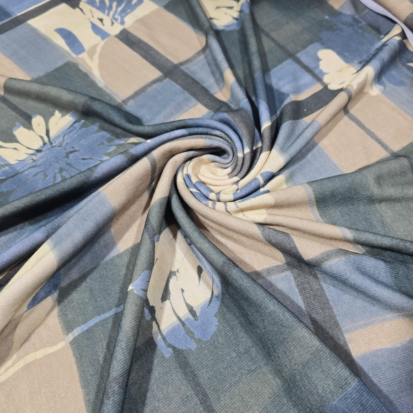 Deadstock Blue Floral Check Viscose Jersey Fabric 58" Wide | Soft Stretch Knit Dressmaking Material By The Meter