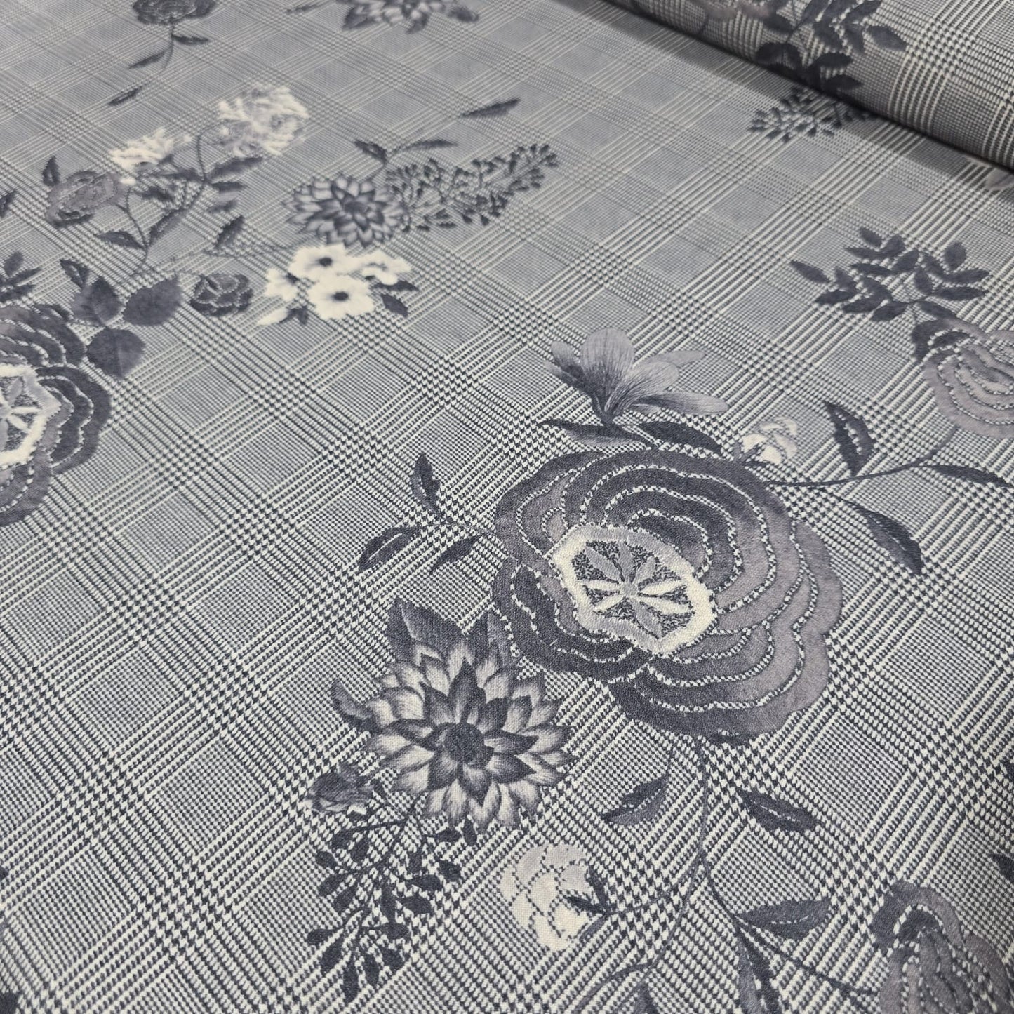 Deadstock Grey Floral Check Viscose Jersey Fabric 58" Wide | Soft Stretch Knit Dressmaking Material By The Meter