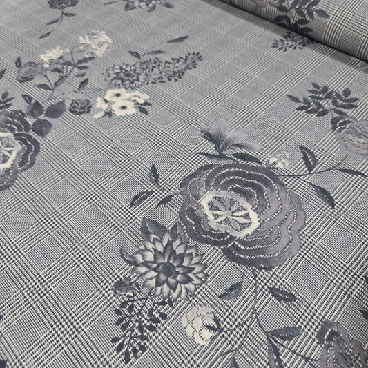 Deadstock Grey Floral Check Viscose Jersey Fabric 58" Wide | Soft Stretch Knit Dressmaking Material By The Meter