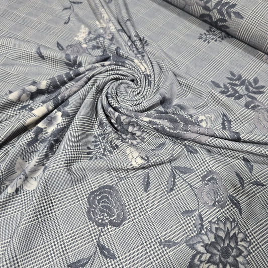 Deadstock Grey Floral Check Viscose Jersey Fabric 58" Wide | Soft Stretch Knit Dressmaking Material By The Meter