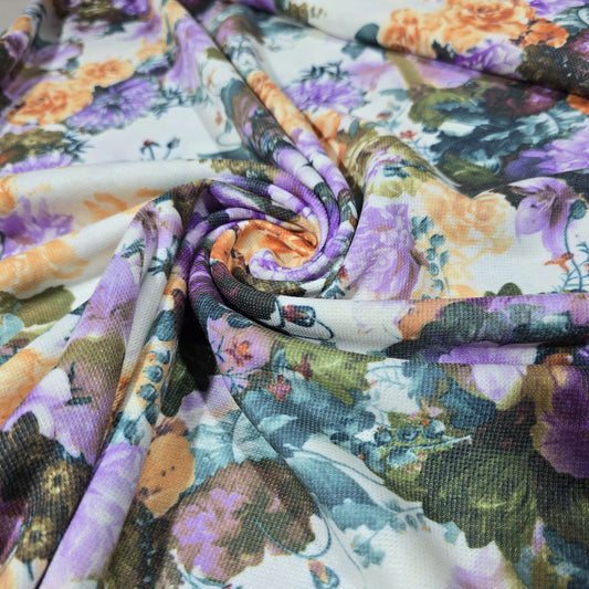Deadstock Purple & Mustard Floral Viscose Jersey Fabric 58" Wide | Soft Stretch Knit Dressmaking Fabric By the Meter